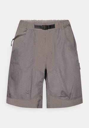 Gray outdoor shorts with elastic waistband, integrated black adjustable belt, front zippered pocket, and two side pockets.