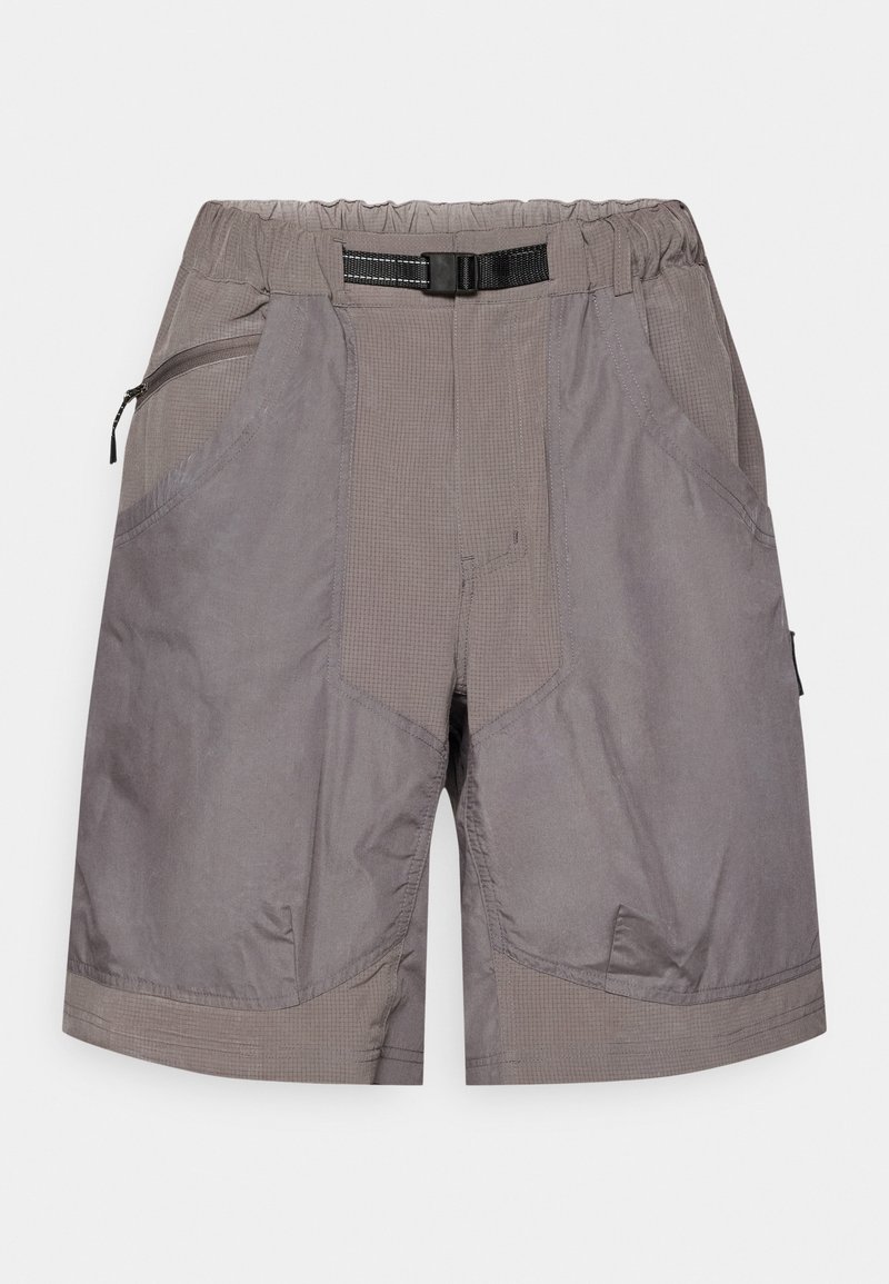 Gray outdoor shorts with elastic waistband, integrated black adjustable belt, front zippered pocket, and two side pockets.