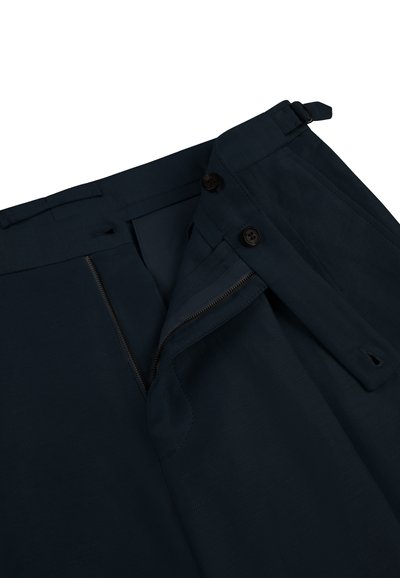 Navy blue dress pants with zipper fly, two black buttons at waistband, and adjustable side tab for fit.