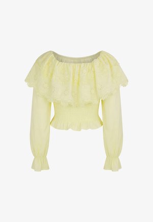 Lysegul bluse med lange ærmer med flæset off-shoulder blonder og elastisk smock talje og manchetter.
