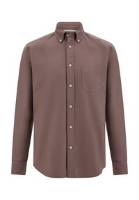Camicia a maniche lunghe marrone con colletto a punta, tasca frontale e chiusura con bottoni. Texture liscia, vestibilità sartoriale e colore uniforme.