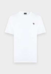 Camiseta blanca de manga corta con cuello redondo y un pequeño logo de cebra multicolor bordado en el pecho izquierdo.