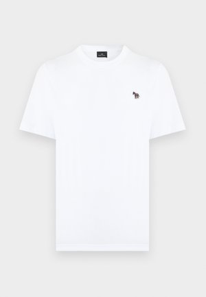 Hvid T-shirt med korte ærmer og rund halsudskæring, med en lille multifarvet zebra-logo broderet på venstre bryst.