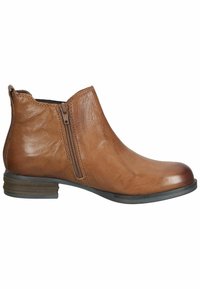 Bottines en cuir marron avec une fermeture éclair sur le côté, bout arrondi et talon empilé. Présente une texture lisse et des détails de couture le long de la tige.