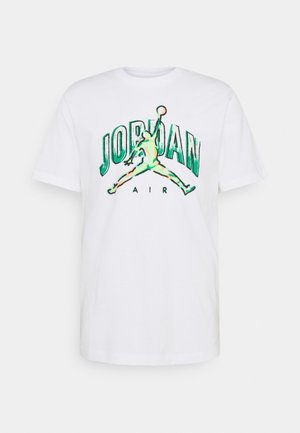 White cotton t-shirt featuring a large, colorful "JORDAN" logo and silhouette design in green and yellow. Short sleeves, crew neck style.