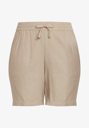 Shorts en lin beige avec taille élastique et lien à l'avant, dotés de poches latérales et d'une coupe décontractée.