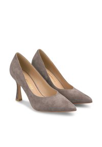 Décolleté grigi in suede con punta appuntita e tacco a blocco slanciato. Gli interni presentano una fodera beige liscia.