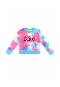 Mnohobarvý tie-dye svetr v růžové, modré a bílé barvě. Má modrý výstřih a manžety, s nápisem "Love" v černé barvě na přední straně.