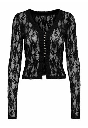 Cardigan en dentelle noire avec des manches longues, un col en V et des boutons en perles décoratifs sur le devant. Motif floral texturé sur l'ensemble. Design cropped.