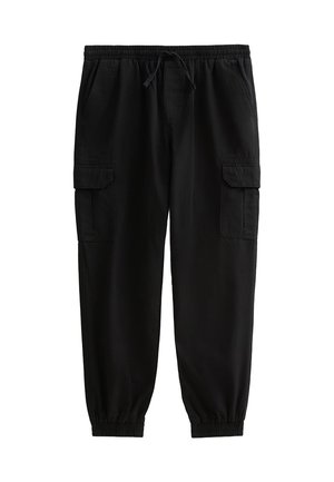 Black cargo pants with an elastic waistband and drawstring, featuring two side pockets and fitted cuffs at the ankles. Smooth texture.