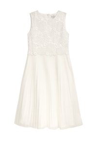 Ärmelloses weißes Kleid mit einem Spitzenoberteil mit floralen Mustern; plissierter Rock mit glatter Textur; Reißverschluss am Rücken.