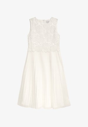 Ärmelloses weißes Kleid mit einem Spitzenoberteil mit floralen Mustern; plissierter Rock mit glatter Textur; Reißverschluss am Rücken.