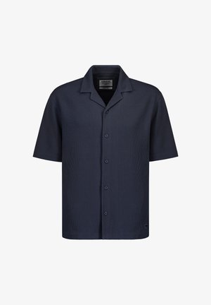 Marineblaue Kurzarm-Hemdsjacke mit Camp-Kragen und feiner vertikaler Rippstruktur, Größe mittel, Frontansicht.