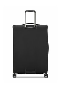 Valigia nera con ruote, dotata di manico estraibile, realizzata in tessuto testurizzato. Presenta maniglie laterali e ruote durevoli per un facile trasporto.