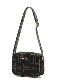 Borsa a tracolla nera in materiale sintetico, con motivo geometrico, ferrature dorate e tracolla removibile.