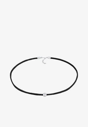 Schwarze Wildleder-Choker-Halskette mit einem strukturierten silbernen Akzent, verstellbarem Metallverschluss und Kettenverlängerung für eine individuelle Passform.