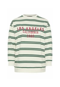 Gestreifter Pullover in Grün und Weiß mit Rundhalsausschnitt, ausgestattet mit rotem gesticktem Text: "LOS ANGELES CALIFORNIA 1985." Weicher Stoff, lässige Passform.