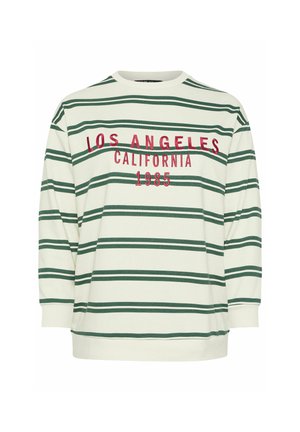 Groen en witte gestreepte sweatshirt met een ronde hals, voorzien van rode geborduurde tekst: "LOS ANGELES CALIFORNIA 1985." Zachte stof, relaxte pasvorm.