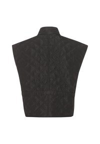 Schwarze gesteppte Weste mit hohem Kragen, diamantartigem Muster und tailliertem Schnitt, glatte Textur und ohne sichtbare Beschläge.