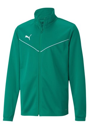 Groene zip-up jas van een gladde stof. Heeft een hoge kraag, witte accentlijnen en een klein wit logo op de linkerborst.