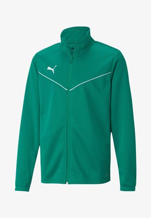 Grüne Zip-Jacke aus glattem Stoff. Verfügt über einen hohen Kragen, weiße Akzentlinien und ein kleines weißes Logo auf der linken Brust.