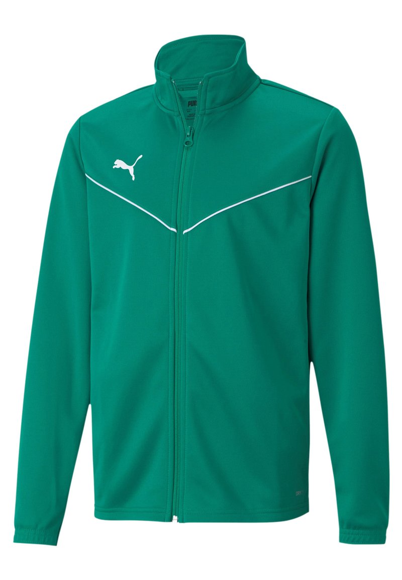 Groene zip-up jas van een gladde stof. Heeft een hoge kraag, witte accentlijnen en een klein wit logo op de linkerborst.