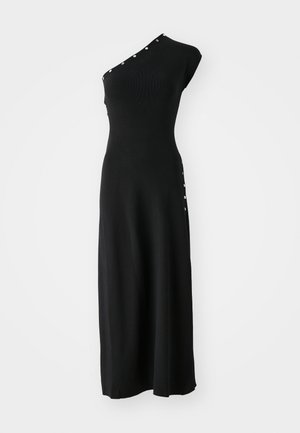 Schwarzes, einseitiges Kleid aus geripptem Stoff, mit einer figurbetonten Silhouette und dekorativen Knöpfen entlang der Seite für einen visuellen Kontrast.