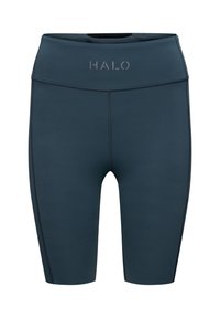 Spodenki treningowe w kolorze teal z wysokim stanem, wykonane z elastycznego materiału, z płaskimi szwami i logo HALO na pasku.