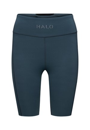 Spodenki treningowe w kolorze teal z wysokim stanem, wykonane z elastycznego materiału, z płaskimi szwami i logo HALO na pasku.