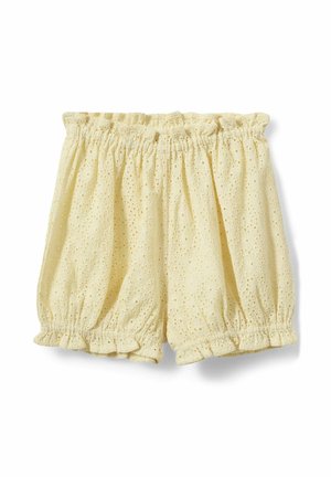 Lysegule shorts i øjlestof med elastisk taljebånd og flæsekante med elastik, med et blomsterudskåret mønster.