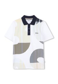 Korte mouwen polo shirt in wit met een marineblauwe kraag, met abstracte vormen en gestreepte patronen in beige en zwart. BOSS-logo op de borst.