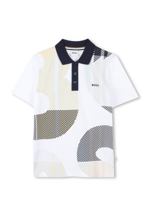 Polo à manches courtes blanc avec un col marine, doté de formes abstraites et de motifs rayés en beige et noir. Logo BOSS sur la poitrine.