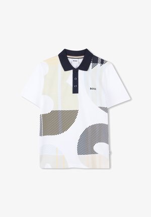 Korte mouwen polo shirt in wit met een marineblauwe kraag, met abstracte vormen en gestreepte patronen in beige en zwart. BOSS-logo op de borst.