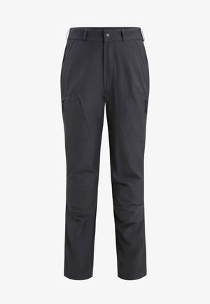 Black outdoor pants made of durable material, featuring side pockets, reinforced knee sections, and a straight-leg design.