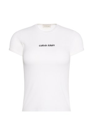 Biała dopasowana koszulka z krótkim rękawem z czarnym haftowanym logo "calvin klein" na piersi, z okrągłym dekoltem.