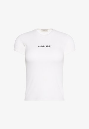 T-shirt blanc ajusté à manches courtes avec logo noir « calvin klein » brodé sur la poitrine, doté d'un col rond.