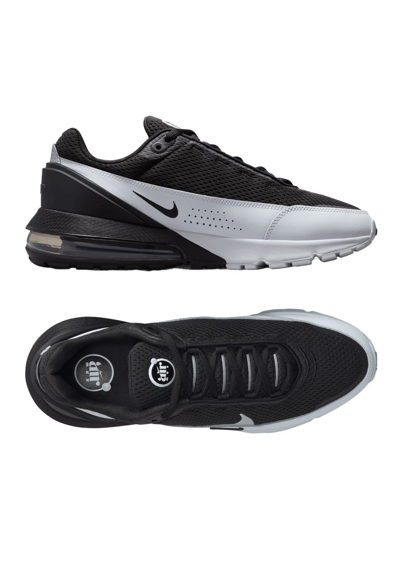 Sneaker Nike con superiore in mesh nero con dettagli argentati, un'unità air visibile nel tallone e il logo swoosh bianco.