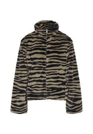 Chlupatá mikina na zip s vysokým límcem a vzorem černobílého zebra pruhu, dlouhými rukávy a rovnými lemy.