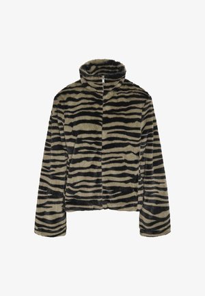 Fuzzy zip-up jakke med høj krave og sort og beige zebra-striber mønster, lange ærmer og lige kant.