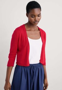 Rdeča pletena jopica s tremi četrtinami rokavov, nošena čez belo majico. V kombinaciji z mornarsko modrim krilom z vrvico za prilagajanje pasu.