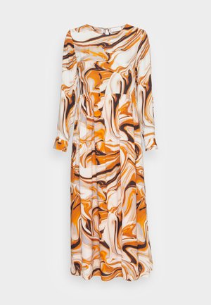Langermet kjole med rund hals, med et marmormønster i oransje, brunt og kremfarger. Utvidet silhuett og lett materiale.