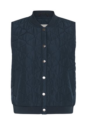 Tumesinist tikitud ilma varrukateta vest teemantõmblustega, populangaga sulgemine, soonikuga krae ja alumine äär ning kaks küljetaskut.