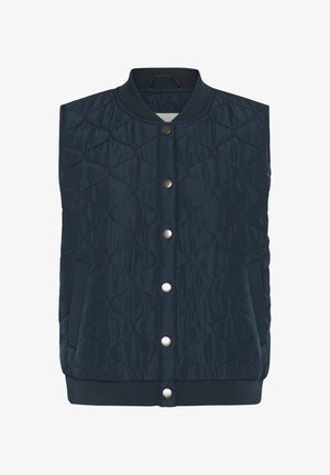 Veste sans manches matelassée bleu marine avec couture en forme de losange, fermeture par boutons-pression, col et ourlet côtelés, et deux poches latérales.
