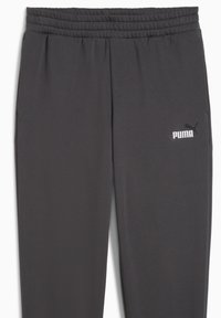 Grijze sportbroek met een elastische tailleband, zijzakken en een wit Puma-logo op de linkerdij. Gladde stofstructuur.