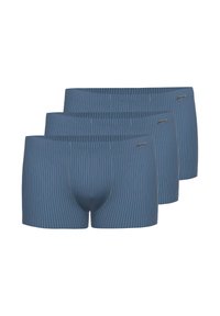 Set di boxer briefs a righe blu scuro, realizzati in morbido tessuto. Presentano un elastico confortevole e sottili righe verticali bianche.