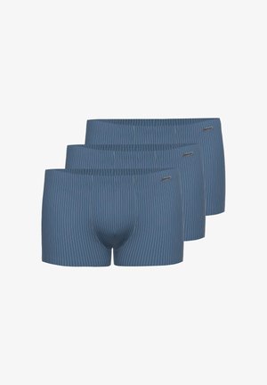 Zestaw ciemnoniebieskich bokserów w paski, wykonany z miękkiej tkaniny. Posiada wygodny pas i wąskie białe pionowe paski.