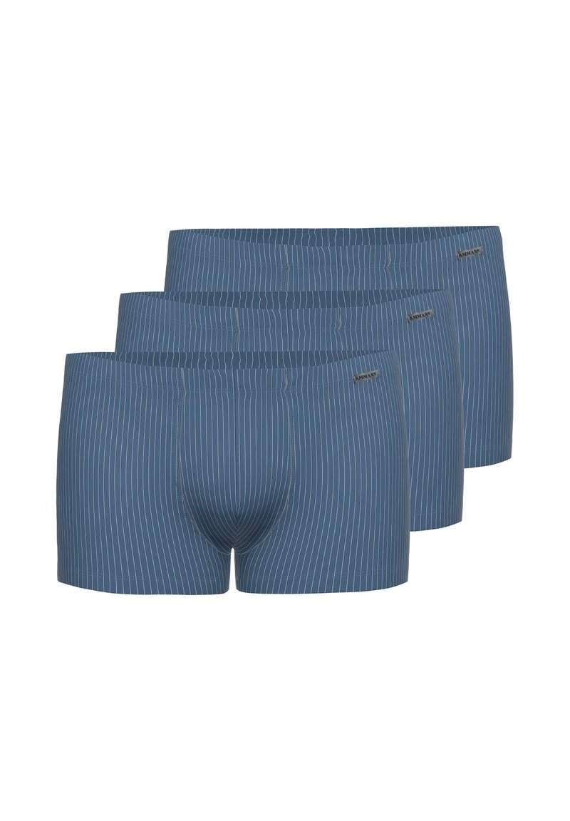Set di boxer briefs a righe blu scuro, realizzati in morbido tessuto. Presentano un elastico confortevole e sottili righe verticali bianche.
