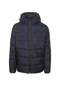 Marineblauwe, gewatteerde pufferjack met een ritssluiting, afneembare capuchon en twee zijzakken. Getextureerde stof met een gladde afwerking.