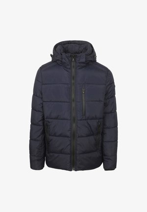 Marineblauwe, gewatteerde pufferjack met een ritssluiting, afneembare capuchon en twee zijzakken. Getextureerde stof met een gladde afwerking.