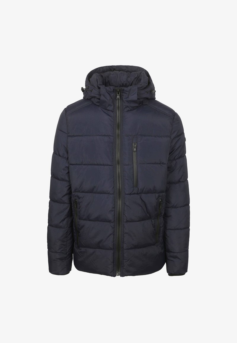 Marineblauwe, gewatteerde pufferjack met een ritssluiting, afneembare capuchon en twee zijzakken. Getextureerde stof met een gladde afwerking.